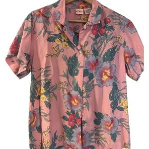 OP Ocean Pacific Pink Floral Rayon Short Sleeve Button Up Shirt Women's Size S
